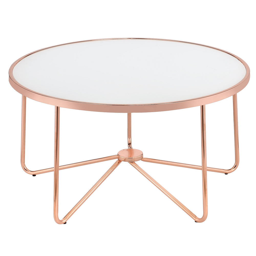 Urban Designs Rose Gold Metal Frame Round Coffee Table - White Frosted Glass