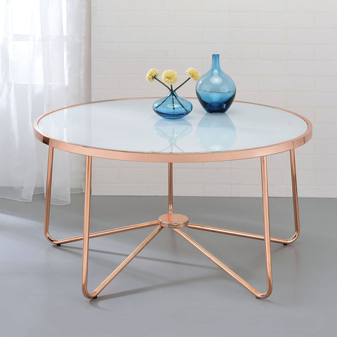Urban Designs Rose Gold Metal Frame Round Coffee Table - White Frosted Glass