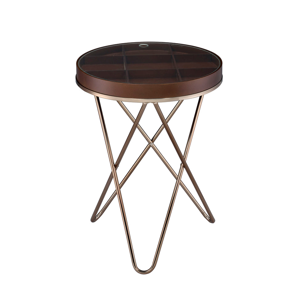 Urban Designs Bourbon Accent Side Table with Glass Top Storage - Walnut Brown