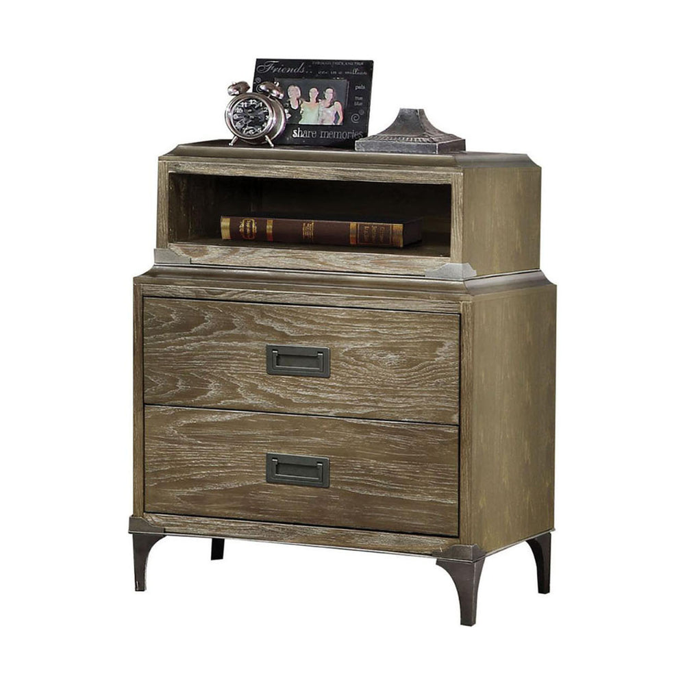 Urban Designs Anaheim 2-Drawer Nightstand with Built-In USB Charger - Weathered Oak