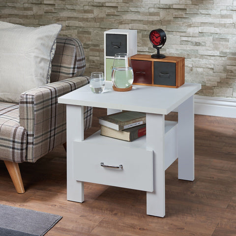 Urban Designs Bedside Square Nightstand with Drawer and Shelf - White