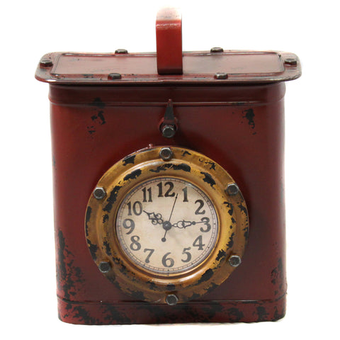 Antique Style Weathered Tin Can Porthole Clock with Hidden Storage - Rust