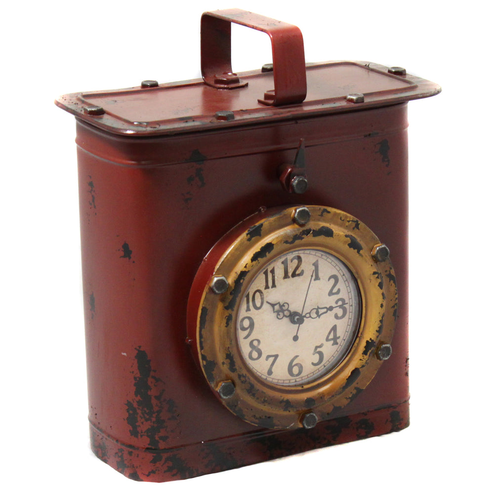 Antique Style Weathered Tin Can Porthole Clock with Hidden Storage - Rust