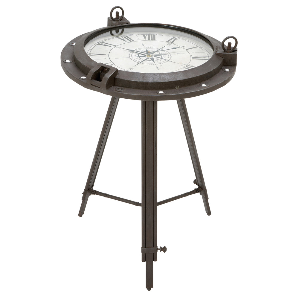 Urban Designs Industrial Porthole Metal Round Clock Coffee and End Table - Brown