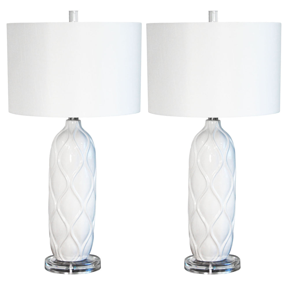 Urban Designs White Waved Ceramic 26" Table Lamp with Shade - Set of 2