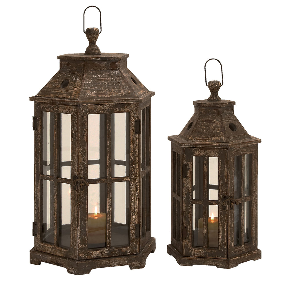 Urban Designs Weathered Wood 2-Piece Hexagonal Lantern Candle Holder Set