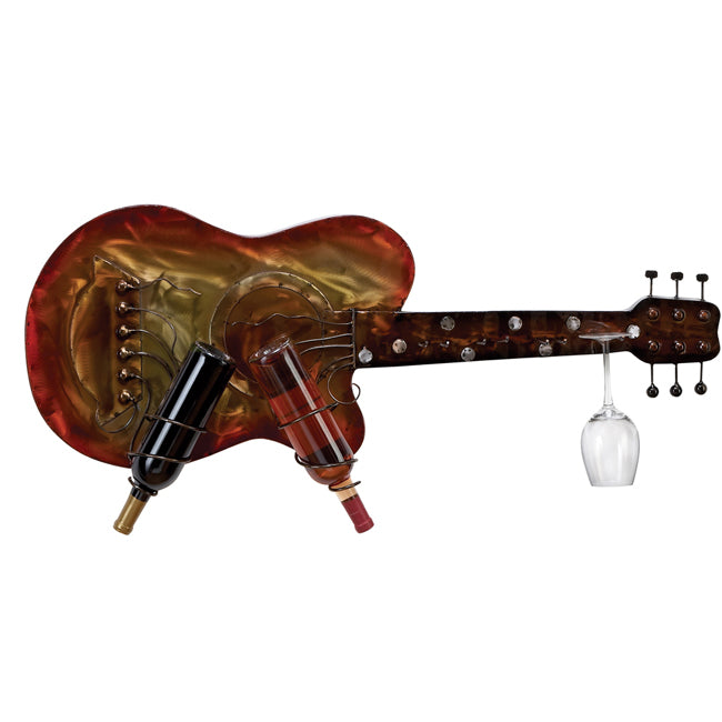 Urban Designs Kingston Wall Mounted Sunburst Metal Guitar 2-Bottle Wine Rack and Glass Holder
