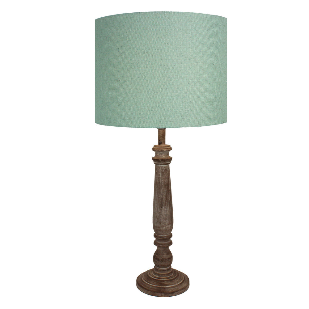 Urban Designs 29-Inch Candlestick Greywash Wood and Round Green Linen Table Lamp