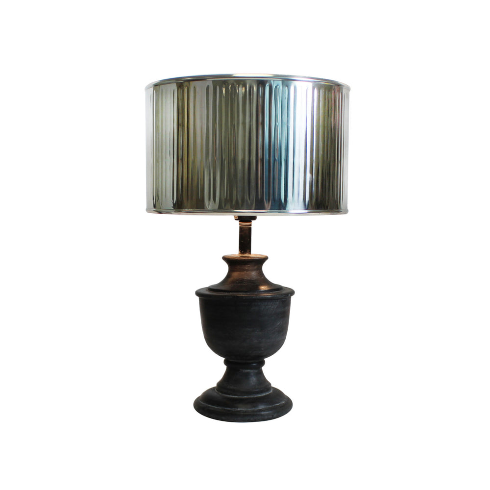 Urban Designs 20-Inch Round Wood Dark Gray Wash and Drum Silver Metal Table Lamp