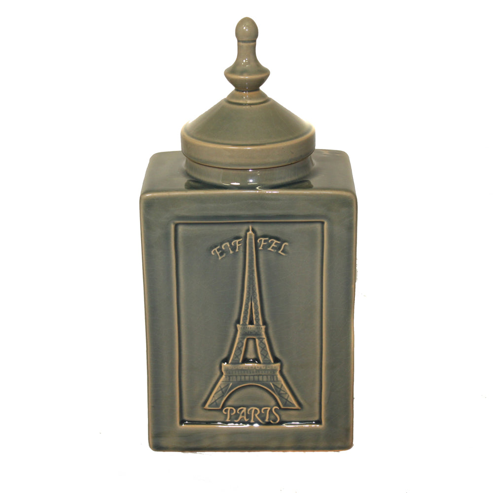 Urban Designs Eiffel Paris 14" Decorative Ceramic Accent Jar - Cracked Green