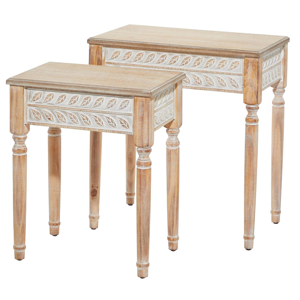 Urban Designs Audra 2-Piece Set Carved Whitewash Farmhouse End Accent Table