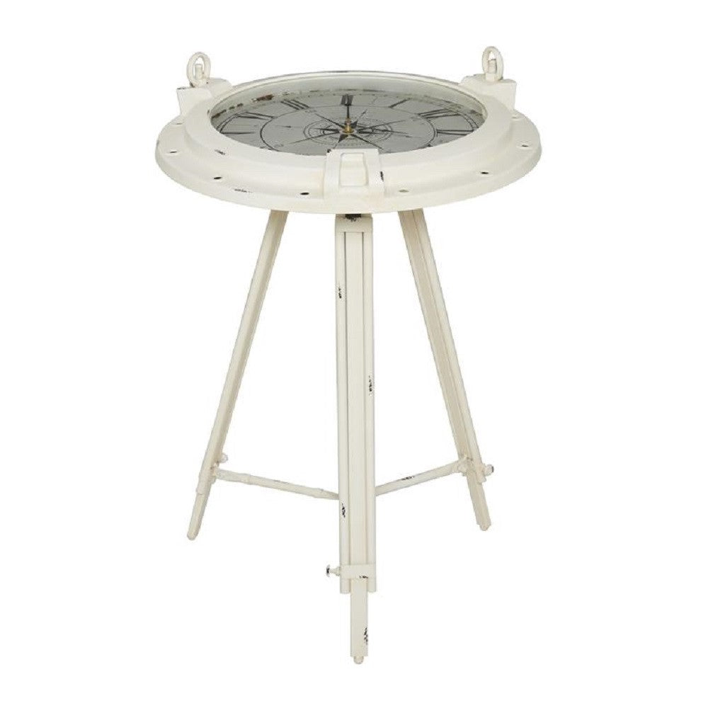 Urban Designs Industrial Porthole Metal Round Clock Coffee and End Table - White