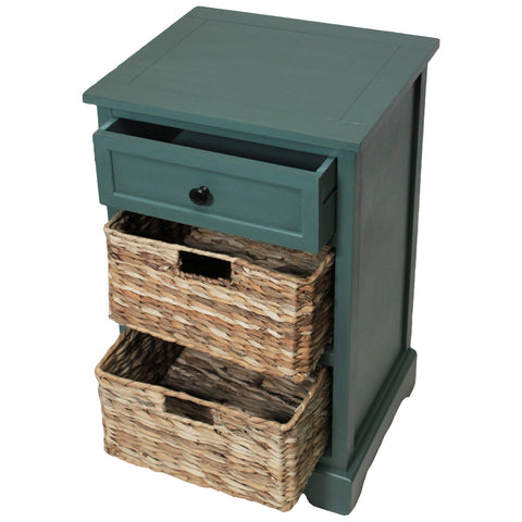 Urban Designs Malibu 3-Drawer Night Stand with Wicker Baskets - Teal