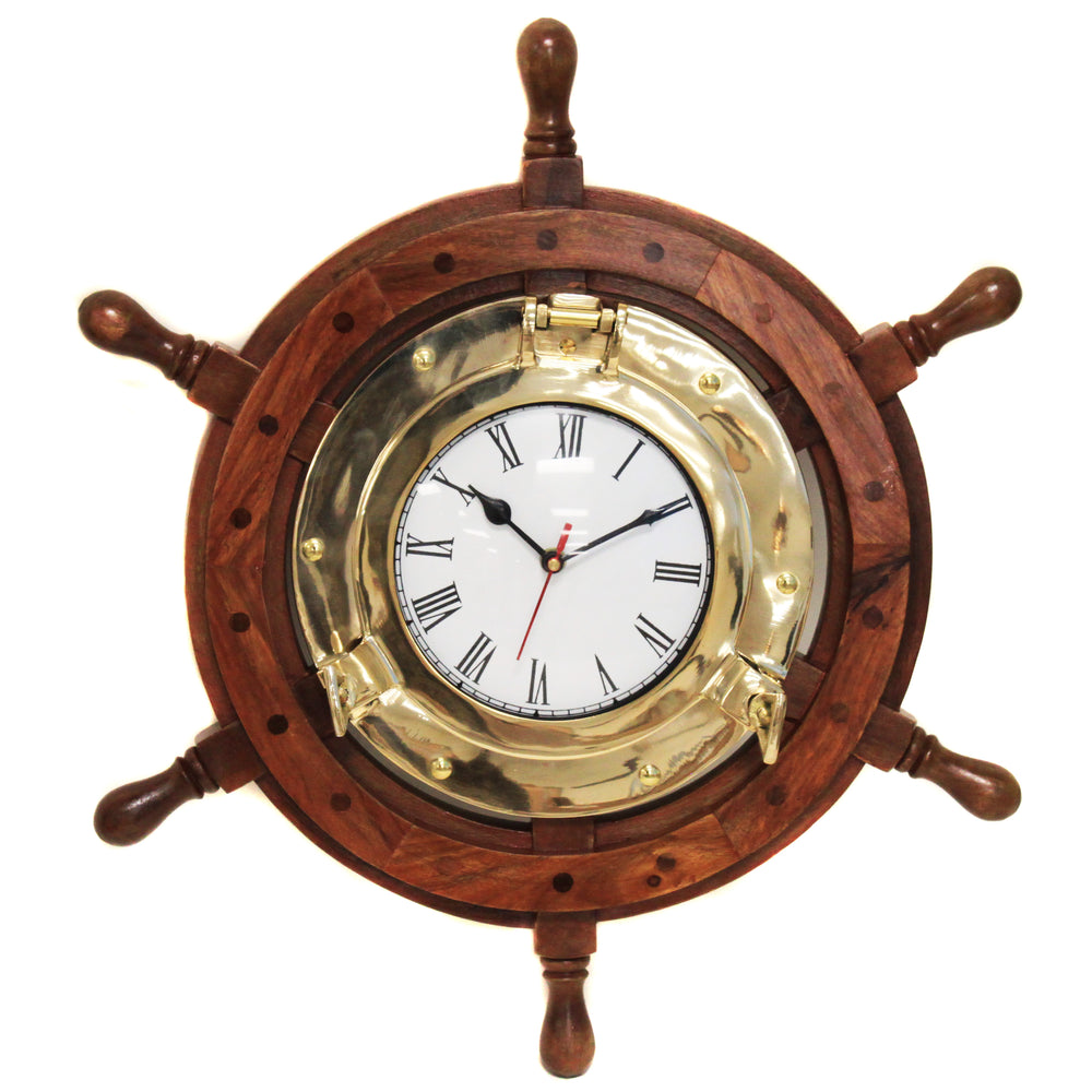 Urban Designs Nautical Ship's Wheel Brass Porthole Wall Clock