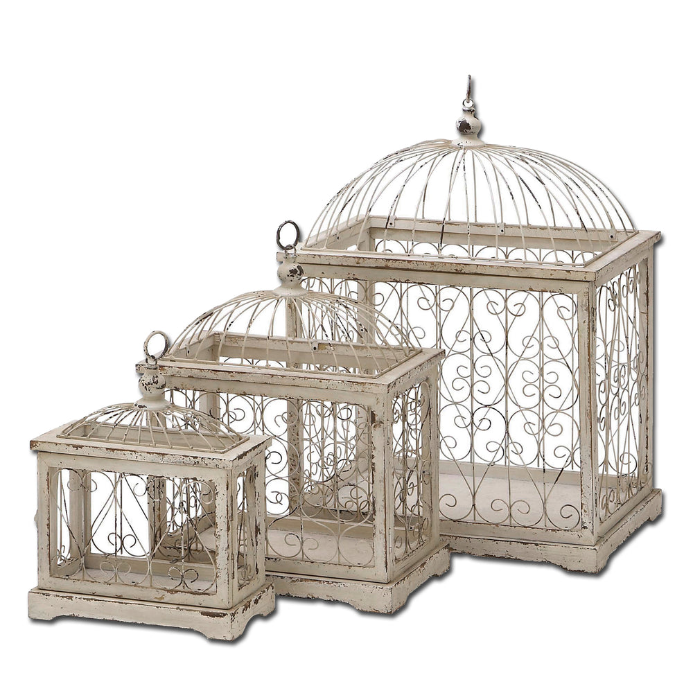 Urban Designs Weathered Off-White Decorative Metal Bird Cages - Set of 3