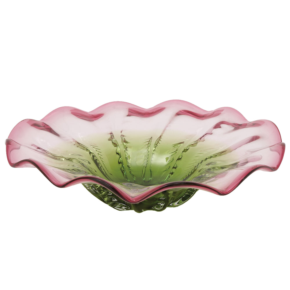 Urban Designs Pink Green Flower Bloom Decorative Glass Bowl Plate