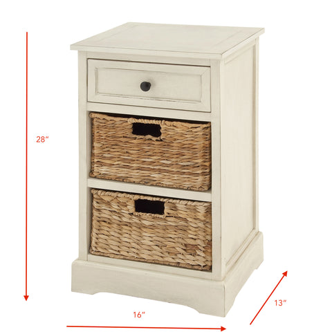 Urban Designs Malibu 3-Drawer Night Stand with Wicker Baskets - White