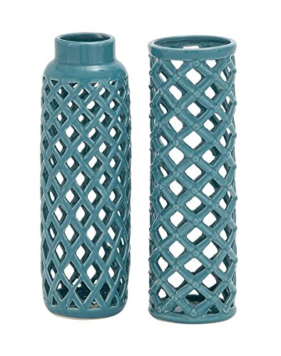 Urban Designs Handcrafted Turquoise Lattice 2-Piece Ceramic Vase Set