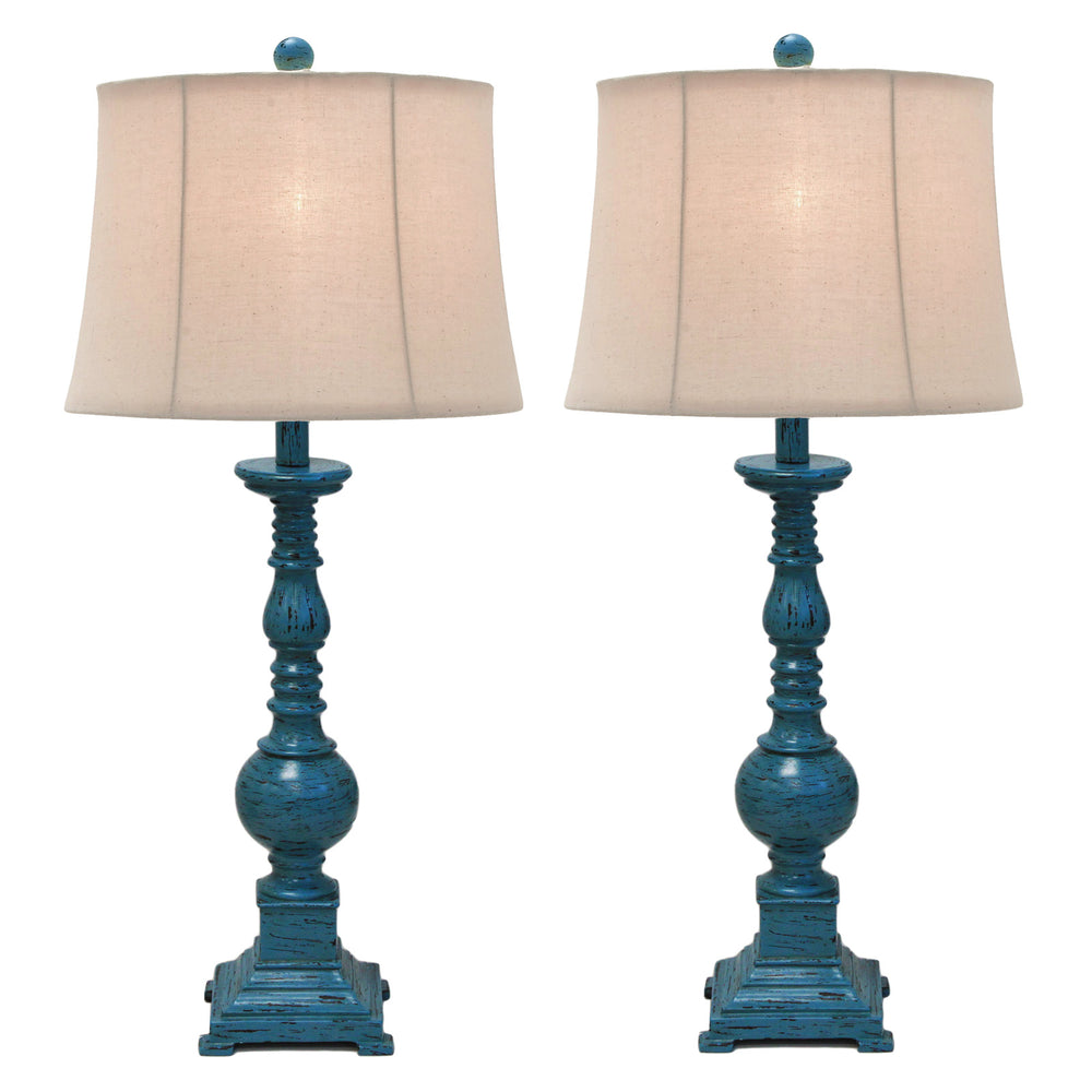 Urban Designs Kerry Distressed Blue Polystone 31" Pedestal Table Lamp - Set of 2