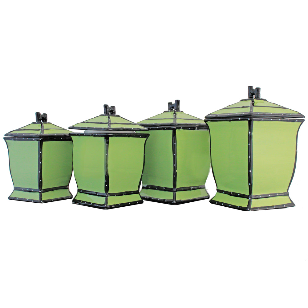 Country French Hand-painted 4-piece Green Square Canister Set