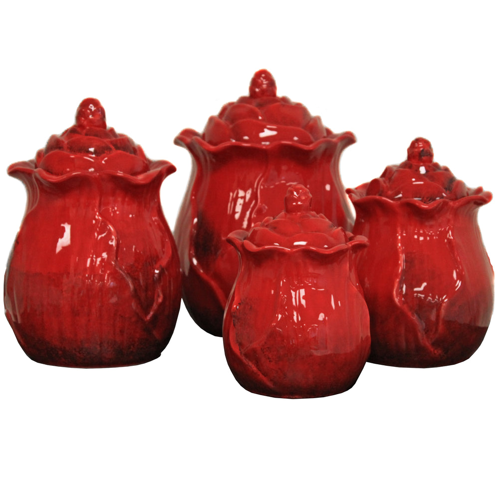 Red Bloom Hand-painted 4-piece Food Storage Canister Set