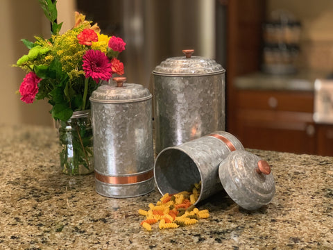 Urban Designs Farmhouse Galvanized Steel with Copper Ring 3-Piece Canister Set