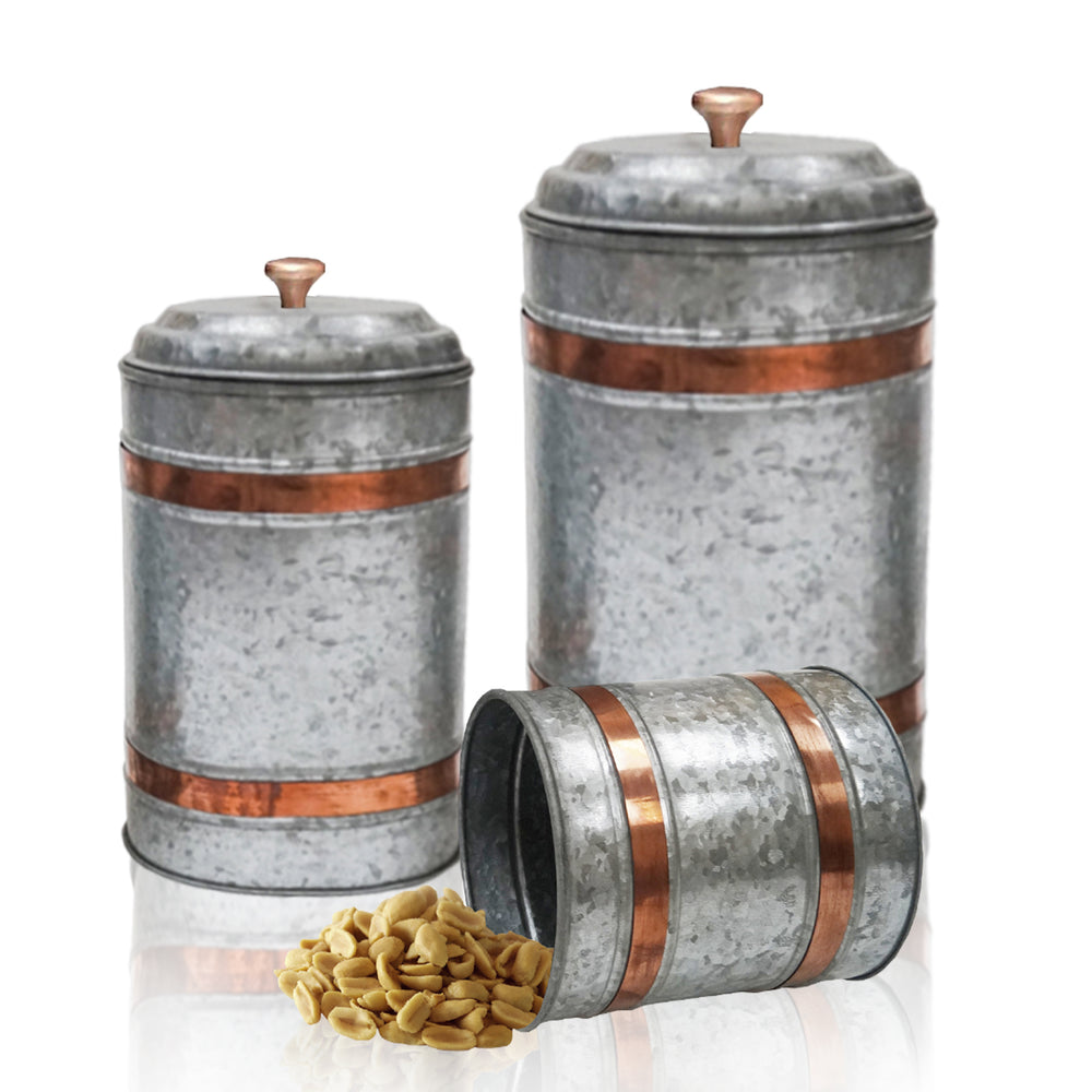 Urban Designs Farmhouse Galvanized Steel with Copper Ring 3-Piece Canister Set