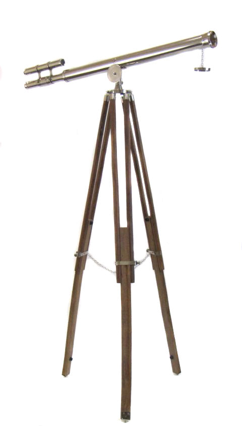 Antique Replica Brass Telescope with Wood Tripod Floor Stand - Chrome Plated