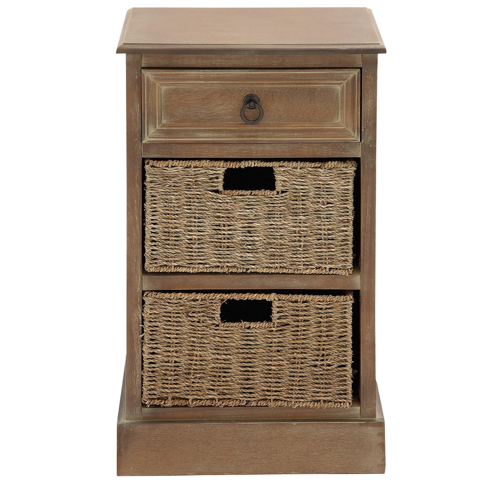 Urban Designs Rustic 3-Drawer Night Stand with Wicker Baskets