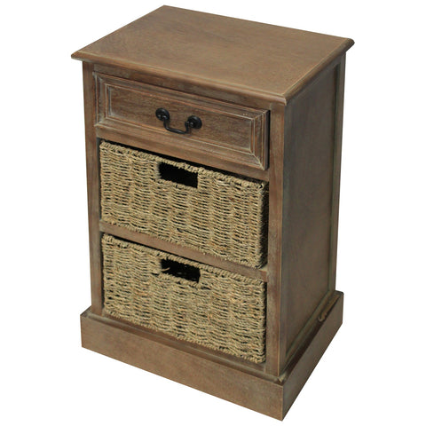 Urban Designs Rustic 3-Drawer Night Stand with Wicker Baskets