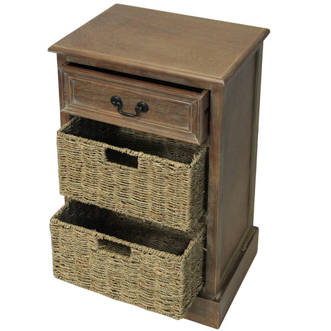 Urban Designs Rustic 3-Drawer Night Stand with Wicker Baskets