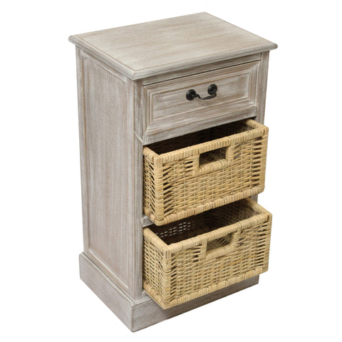 Urban Designs Weathered 3-Drawer Storage Chest Night Stand with Wicker Baskets
