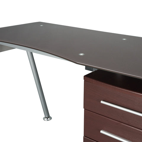 Deluxe Tempered Glass Top Ergonomic Computer Desk with Side Cabinet - Chocolate