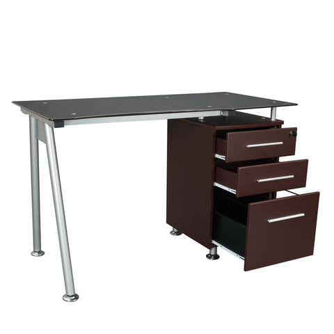 Deluxe Tempered Glass Top Ergonomic Computer Desk with Side Cabinet - Chocolate