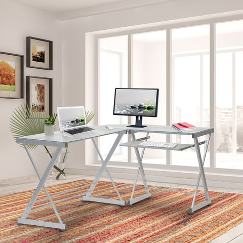 Deluxe Ergonomic L-Shaped Computer Desk Workstation - Clear Tempered Glass