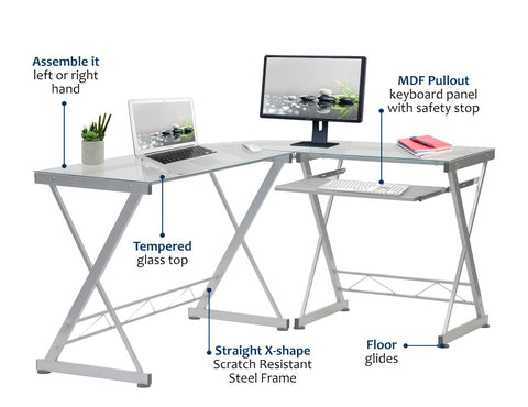 Deluxe Ergonomic L-Shaped Computer Desk Workstation - Clear Tempered Glass