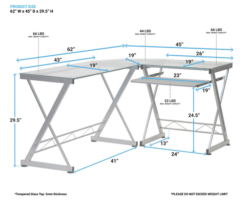 Deluxe Ergonomic L-Shaped Computer Desk Workstation - Clear Tempered Glass