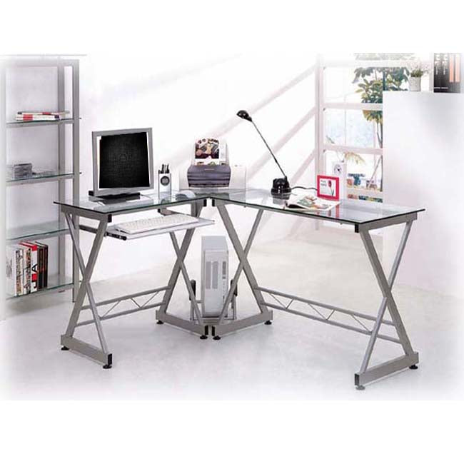 Deluxe Ergonomic L-Shaped Computer Desk Workstation - Clear Tempered Glass