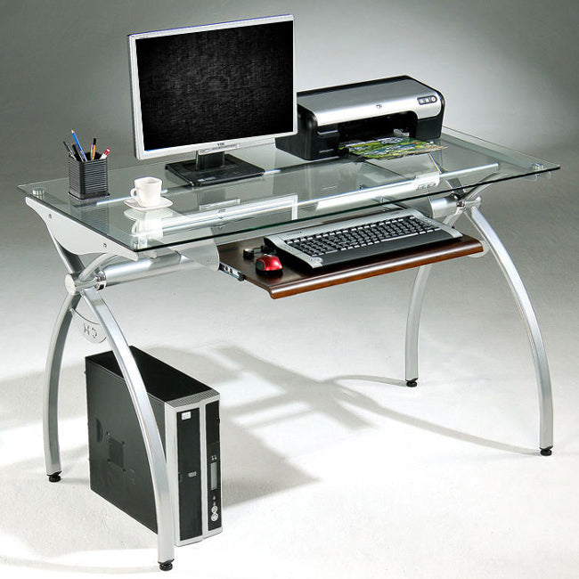 Techni Mobili Ergonomic Curved Steel Frame Computer Desk with Tempered Glass Top
