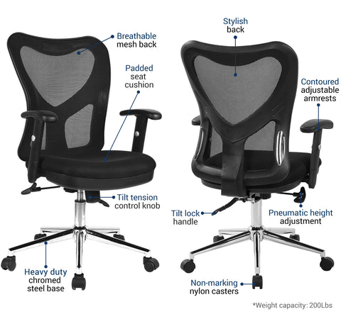 Techni Mobili Adjustable Executive Mesh Office Chair with Arms - Black