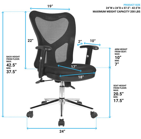 Techni Mobili Adjustable Executive Mesh Office Chair with Arms - Black
