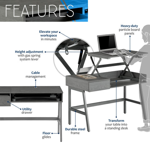 Urban Designs Stand-Up Pneumatic Adjustable Sit to Stand Desk - Grey