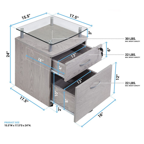 Urban Designs Two Drawer File Cabinet With Glass Shelf - Grey