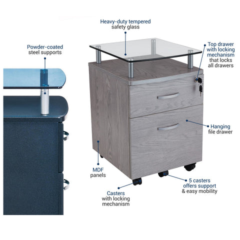 Urban Designs Two Drawer File Cabinet With Glass Shelf - Grey