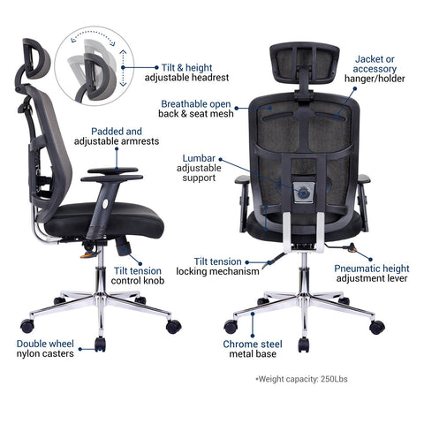 Urban Designs Chrome Base High-Back Lumbar Support Mesh Office Chair - Black