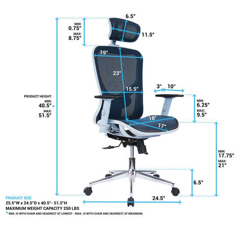 Urban Designs High-Back Headrest Lumbar Support Mesh Office Chair - Blue