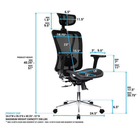 Urban Designs High-Back Lumbar Support Mesh Office Chair With Headrest - Black