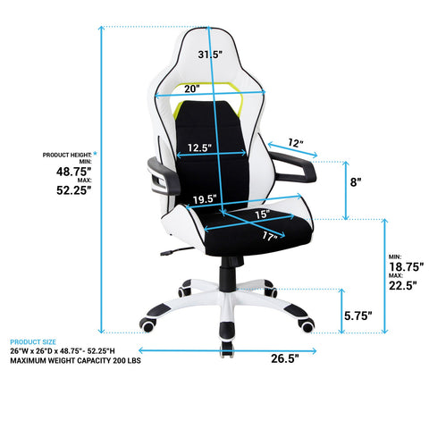 Urban Designs Ergonomic Upholstered Racing Style Home Office Chair - White Black