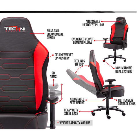 Urban Designs Ergonomic Wide Back Gaming Chair - Red