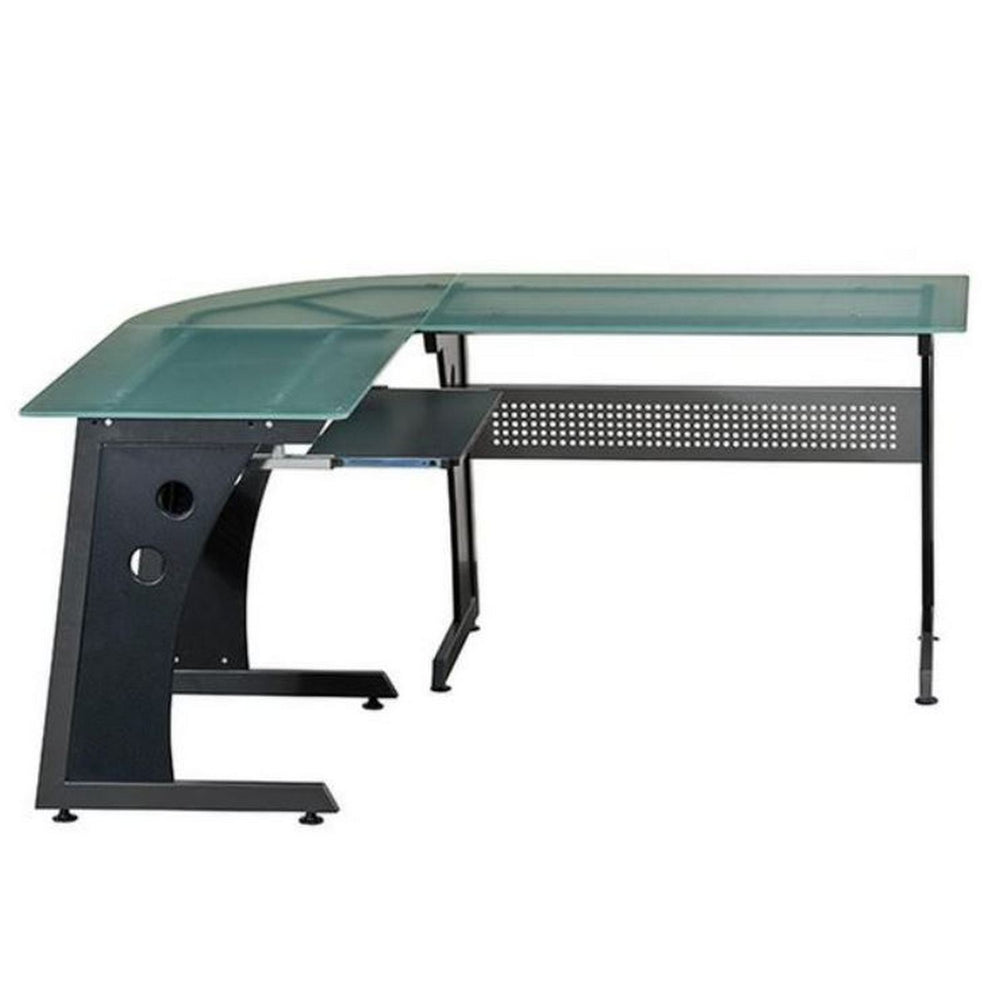 Urban Designs Deluxe L-Shaped Tempered Frosted Glass Top Computer Desk With Pull Out Keyboard Panel
